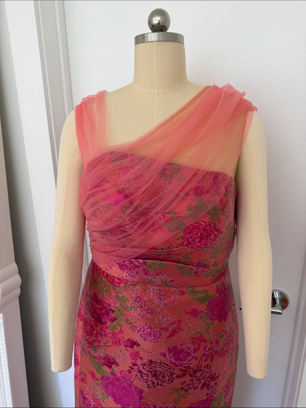 Theia Pink and Green Floral Brocade Maxi Gown with Sheer Capelet - Picture 5 of 8